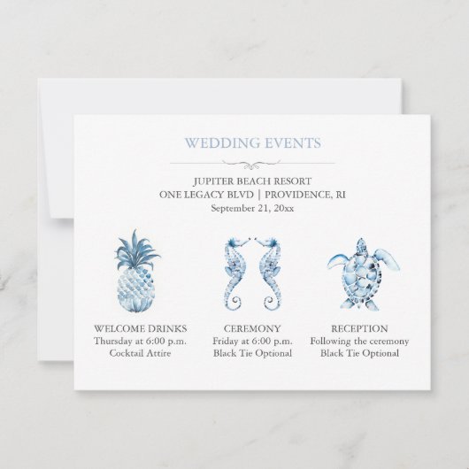 Blue Beach Wedding Event Details with QR Code 招待状 (正面)