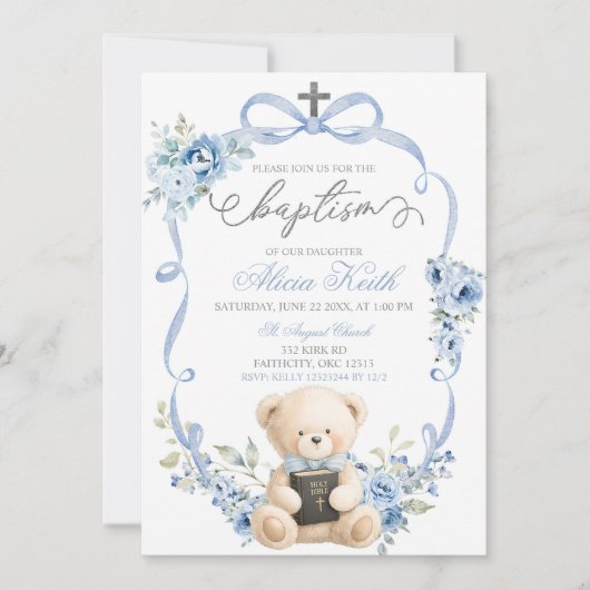 Blue Bear Baptism Bow Coquette Invitation 招待状 (正面)