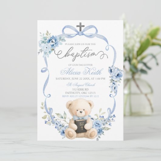 Blue Bear Baptism Bow Coquette Invitation 招待状 (スタンド正面)