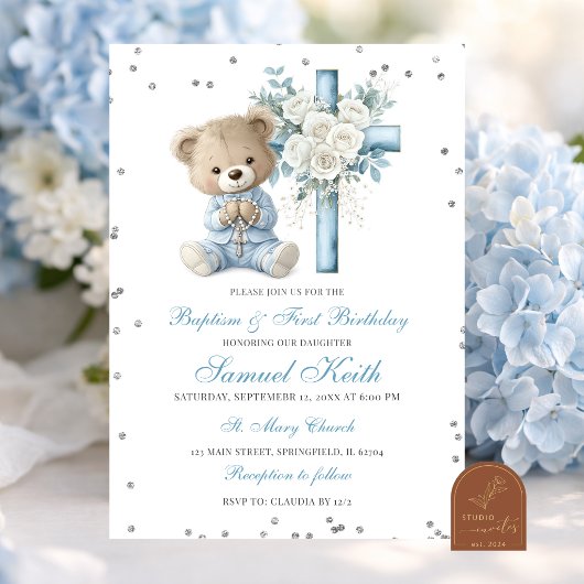 Blue Bear Baptism & First Birthday Invitation 招待状