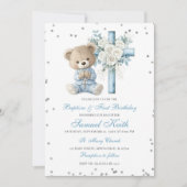 Blue Bear Baptism & First Birthday Invitation 招待状 (正面)