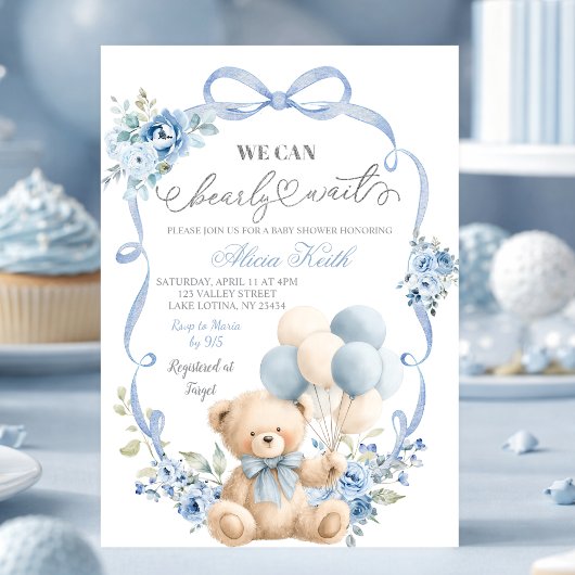 Blue Bear Bow Coquette Baby Shower Invitation 招待状