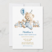 Blue Bear Boy Beary first birthday invitation 招待状 (正面)