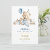 Blue Bear Boy Beary first birthday invitation 招待状 (スタンド正面)