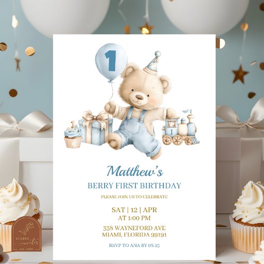 Blue Bear Boy Beary first birthday invitation 招待状
