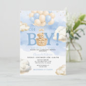 Blue Bear Cloud Balloon Baby Shower 招待状 (スタンド正面)