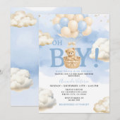 Blue Bear Cloud Balloon Baby Shower 招待状 (正面/裏面)