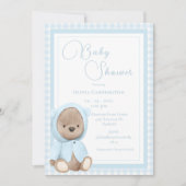 Blue Bear Gingham Vintage Baby Shower 招待状 (正面)