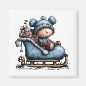 Blue Bear Santa Sled Christmas Magnet マグネット (正面)