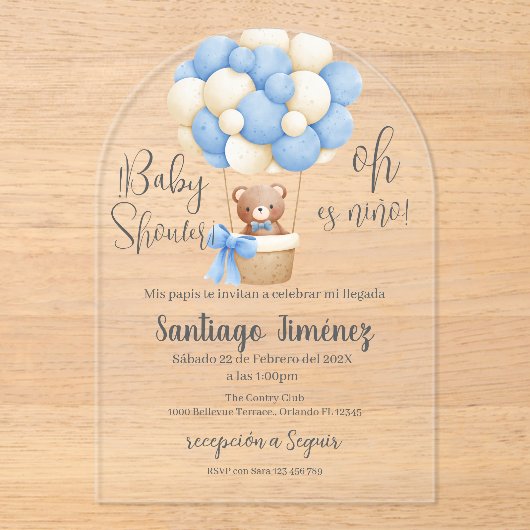 Blue Bear Spanish Baby Shower Boy Acrylic アクリル招待状 (正面)