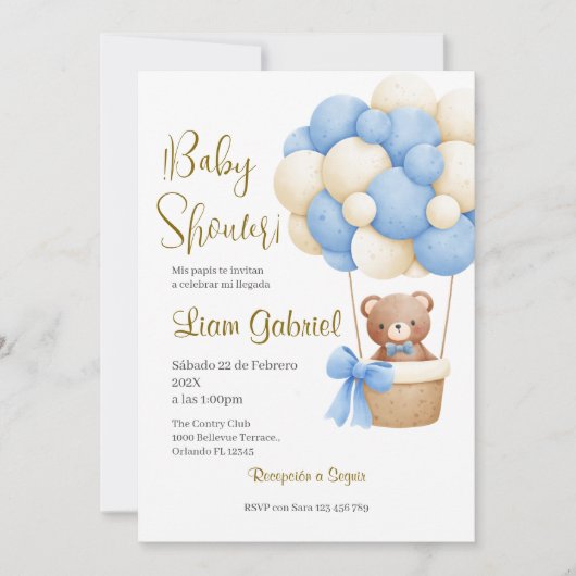 Blue Bear Spanish Baby Shower Boy invit 招待状 (正面)