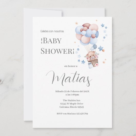 Blue Bear Spanish Baby Shower Boy invitation 招待状 (正面)
