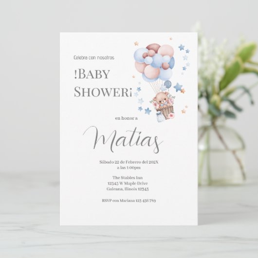Blue Bear Spanish Baby Shower Boy invitation 招待状 (スタンド正面)