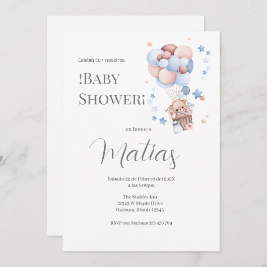 Blue Bear Spanish Baby Shower Boy invitation 招待状 (正面/裏面)