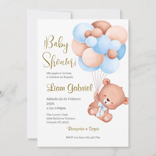 Blue Bear Spanish Baby Shower Boy invitation 招待状 (正面)