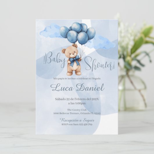 Blue Bear Spanish Baby Shower Boy invitation 招待状 (スタンド正面)