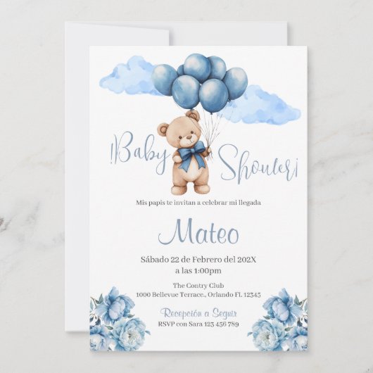 Blue Bear Spanish Baby Shower Boy invitation 招待状 (正面)