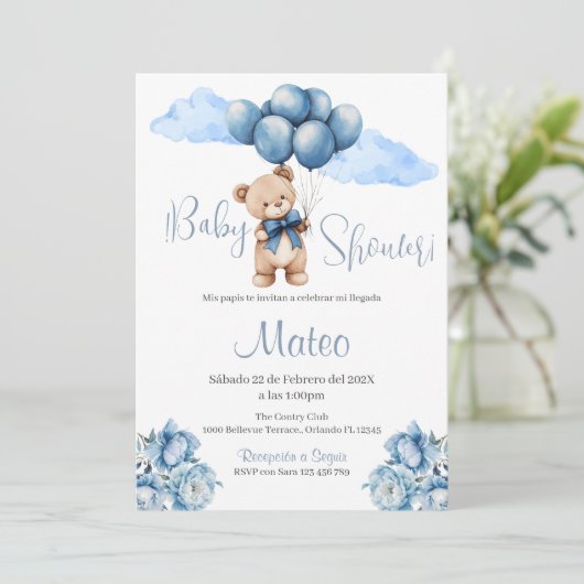 Blue Bear Spanish Baby Shower Boy invitation 招待状 (スタンド正面)