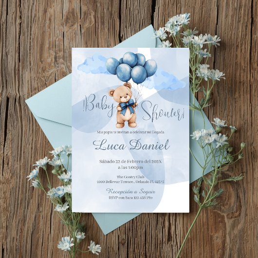 Blue Bear Spanish Baby Shower Boy invitation 招待状