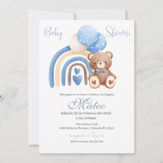 Blue Bear Spanish Baby Shower Boy invitation 招待状 (正面)