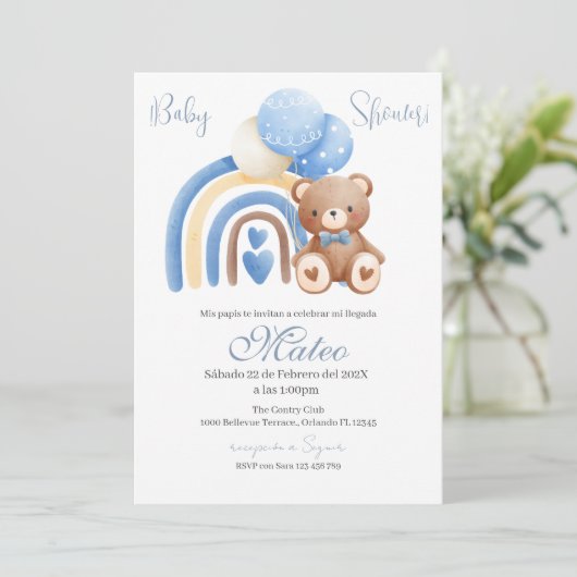 Blue Bear Spanish Baby Shower Boy invitation 招待状 (スタンド正面)