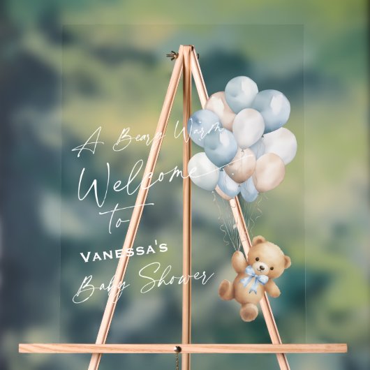 Blue Bearly Wait-Baby Boy Shower Welcome Sign アクリルサイン (ニュートラル)
