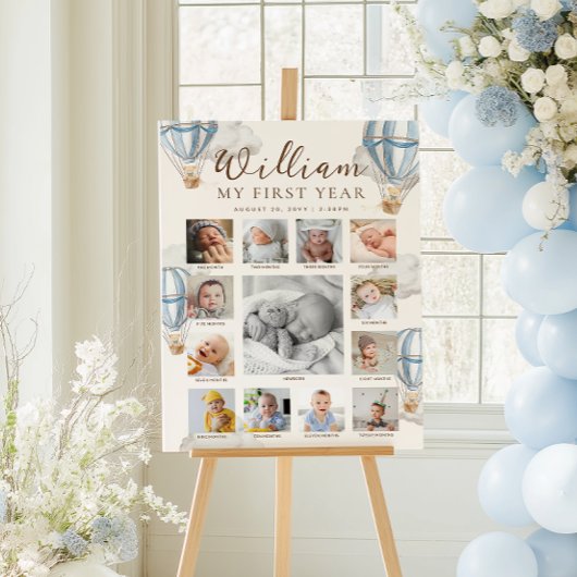 Blue Beary First Birthday Photo Timeline ポスター