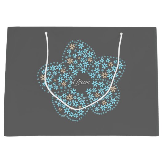 Blue Beige Floral Bloom – Dark Grey Botanical Mode ラージペーパーバッグ (正面)