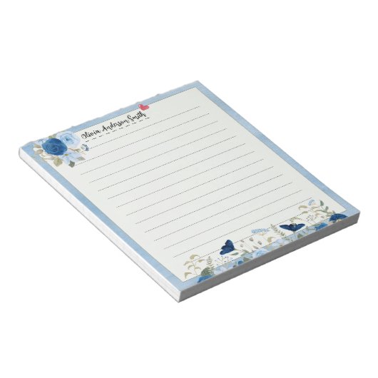 Blue Beige Floral Heart Custom Name Notepad ノートパッド (アングル)