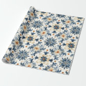Blue & Beige Floral Tile Wrapping Paper, Antique  ラッピングペーパー (アンロールド)