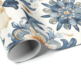 Blue & Beige Floral Tile Wrapping Paper, Antique  ラッピングペーパー