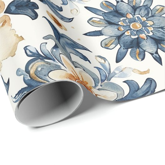 Blue & Beige Floral Tile Wrapping Paper, Antique  ラッピングペーパー (ロールコーナー)