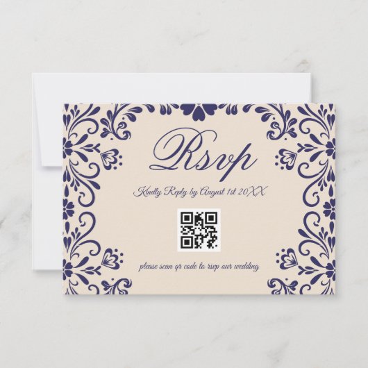 Blue Beige Floral Wedding QR 出欠カード (正面)