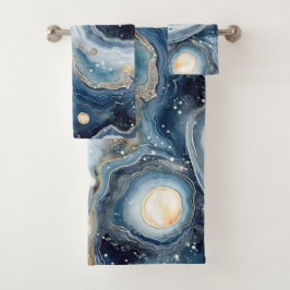 Blue Beige Geode Abstract with Gold Swirls バスタオルセット