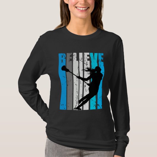 Blue Believe Lacrosse Motivational Girls Team Retr Tシャツ (正面)