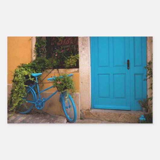 Blue Bicycle and Door in Summer 長方形シール (正面)