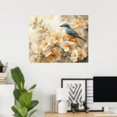 Blue Bird Blossoming Tree Painting ポスター (ホームオフィス)