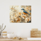 Blue Bird Blossoming Tree Painting ポスター (キッチン)