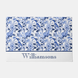 Blue Bird Chinoiserie Monogram Name ドアマット