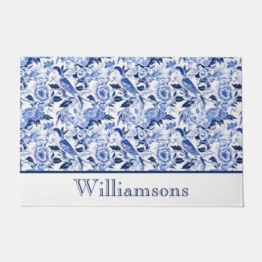 Blue Bird Chinoiserie Monogram Name ドアマット (正面)