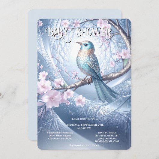 Blue Bird Floral Baby Shower Invitation 招待状 (正面/裏面)