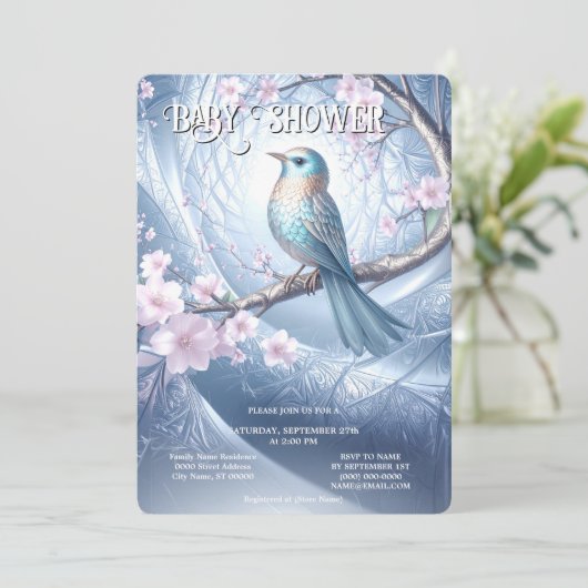 Blue Bird Floral Baby Shower Invitation 招待状 (スタンド正面)
