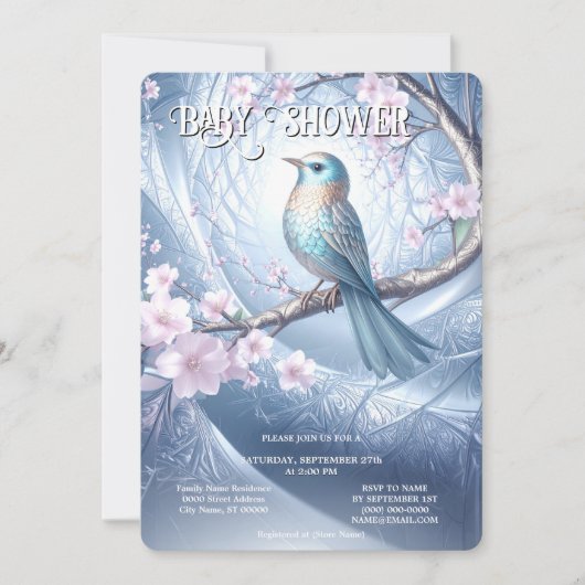 Blue Bird Floral Baby Shower Invitation 招待状 (正面)