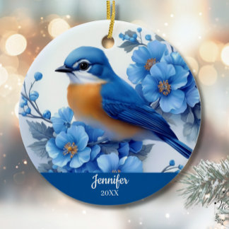 Blue Bird Floral Christmas North American Eastern  セラミックオーナメント