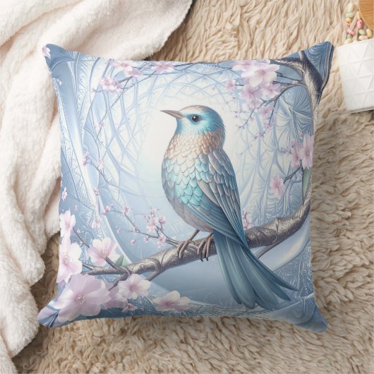 Blue Bird Floral Throw Pillow クッション (ブランケット)