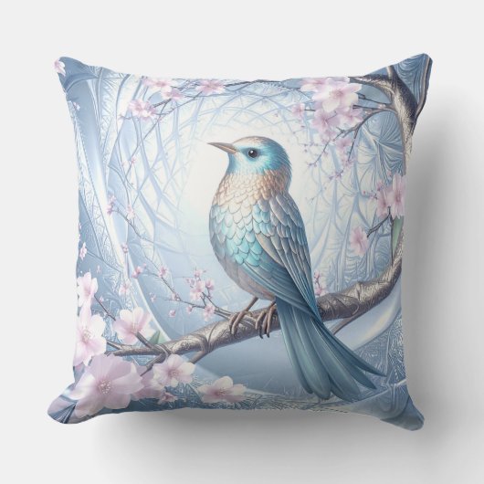 Blue Bird Floral Throw Pillow クッション (正面)