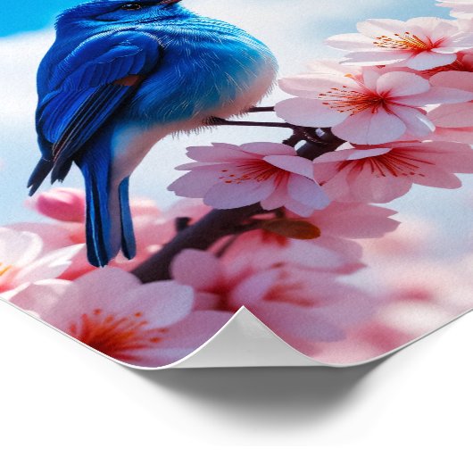Blue Bird on Cherry Blossom Branch ポスター (角)