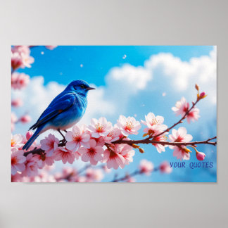 Blue Bird on Cherry Blossom Branch ポスター