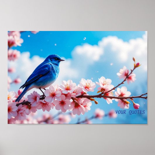 Blue Bird on Cherry Blossom Branch ポスター (正面)