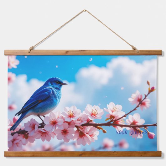 Blue Bird on Cherry Blossom Branch 吊り下げ型タペストリー (正面)